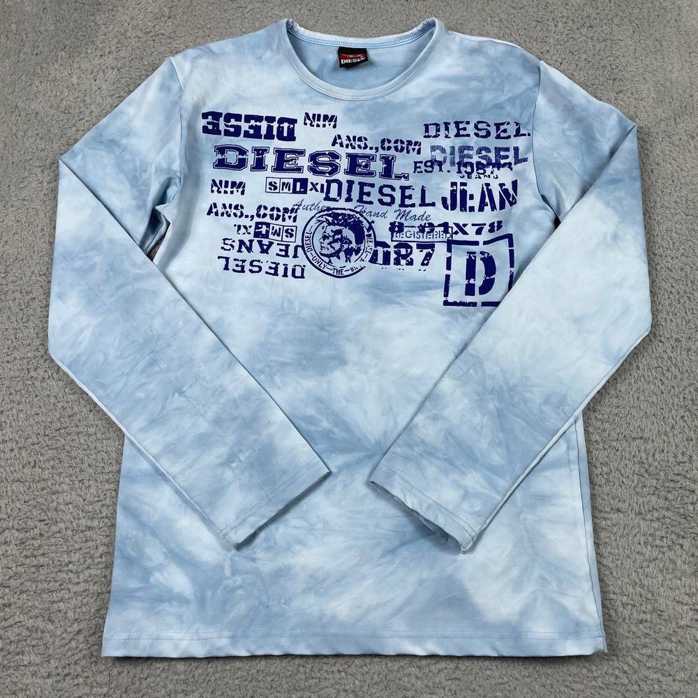 Diesel Long Sleeve T-Shirt Mens Medium Blue Tie Dye Graphic  Mohawk Logo Slim